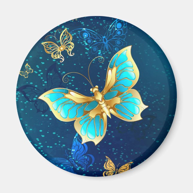 Aimant Papillons dorés sur fond bleu (Devant)