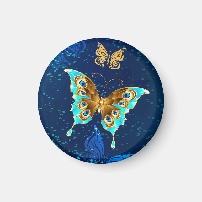 Aimant Papillons dorés sur fond bleu (Devant)