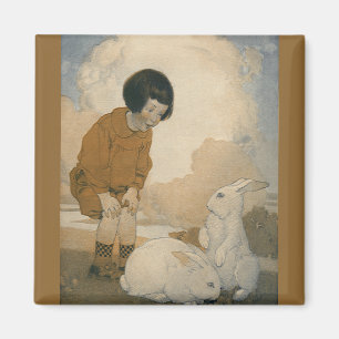 Aimant Pâques vintage, enfant jouant avec des lapins blan