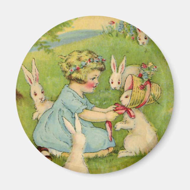 Aimant Pâques vintages, Bonnet fille sur lapin lapin (Devant)