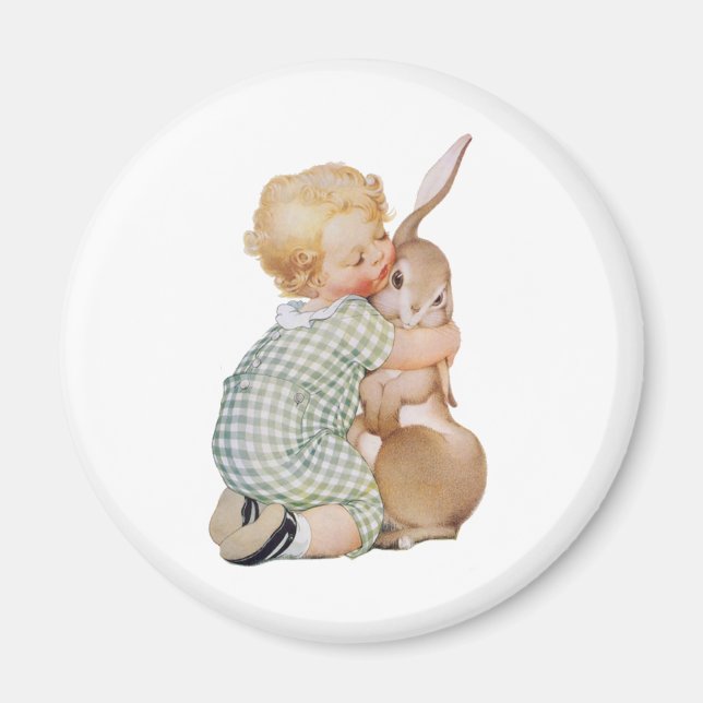 Aimant Pâques vintages, mignon garçon avec lapin lapin (Devant)