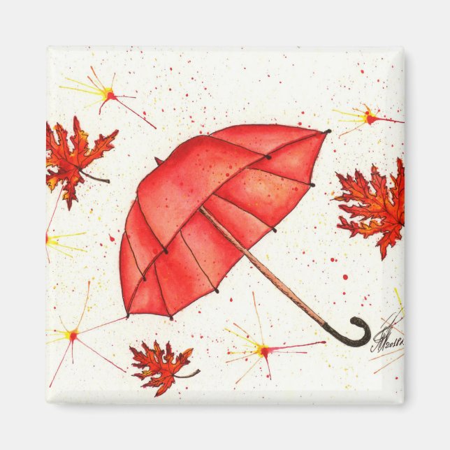 Aimant Parapluie rouge vif et aquarelle feuille rouge (Devant)