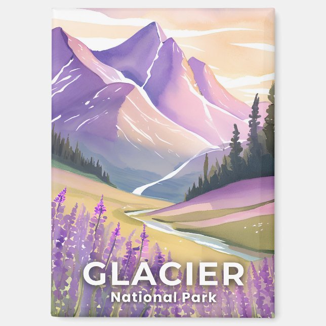 Aimant Parc national de Glacier | Aquarelle lavande de pr (Recto)