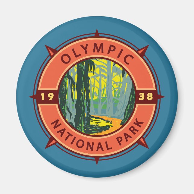 Aimant Parc national olympique Hoh Rainforest Retro Compa (Devant)