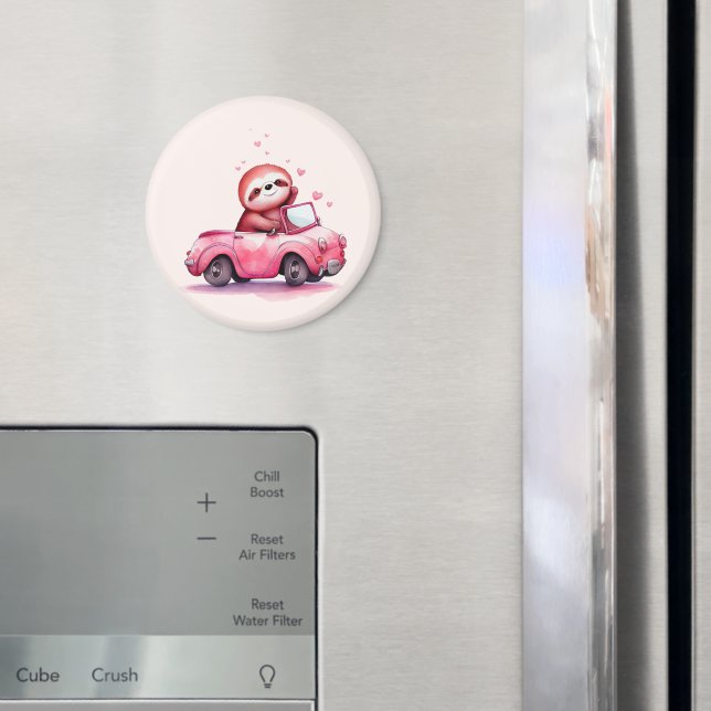 Aimant Paresseux mignon conduisant une décapotable rose (In situ (réfrigérateur))
