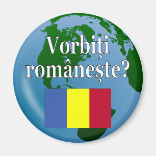 Aimant Parles-tu roumain ? en roumain. Drapeau et globe