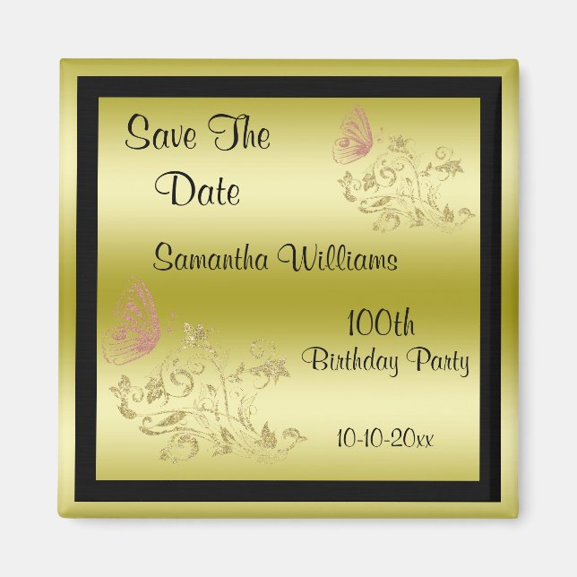 Aimant Parties scintillant d'or et papillon mousseux 100e (Devant)