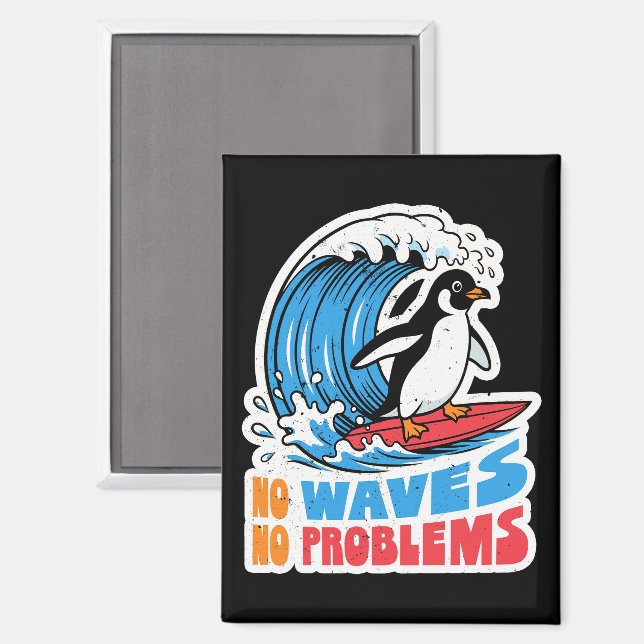 Aimant Pas de vagues pas de problèmes Pingouin drôle surf (Recto/Verso)