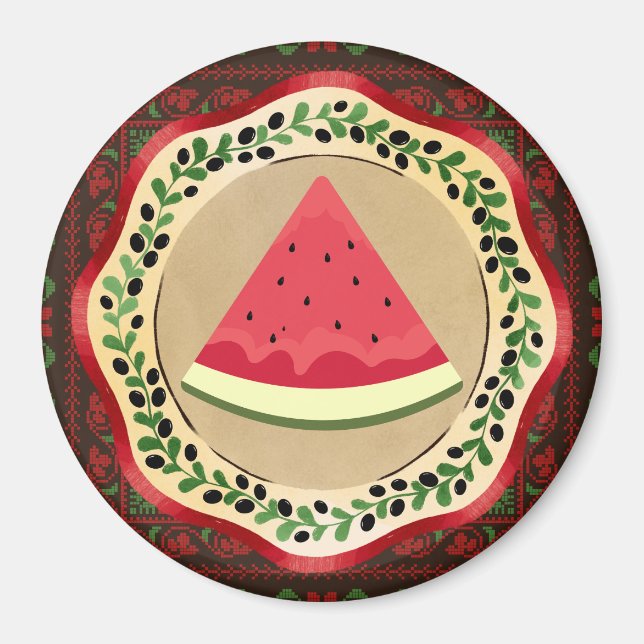 Aimant pastèque sur plaque d'olive avec tatreez palestini (Devant)