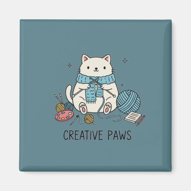 Aimant Pattes Créatives Tricotant Chat Blanc Accent Échar (Devant)