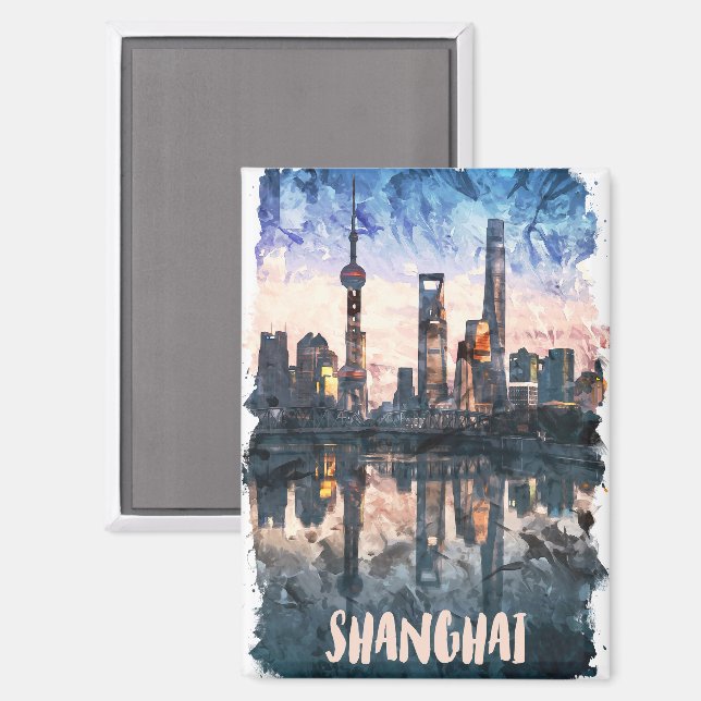 Aimant Paysage à l'aquarelle de Shanghai en Chine (Recto/Verso)
