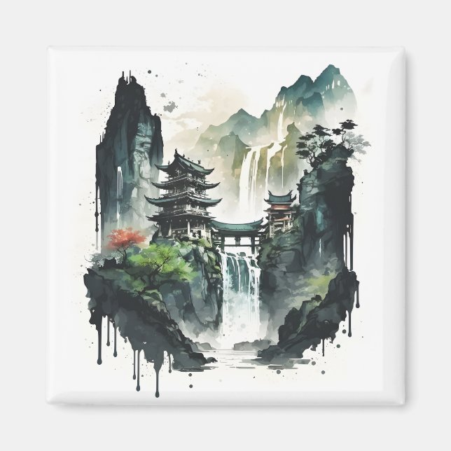 Aimant Paysage antique de l'encre chinoise avec cascade (Devant)