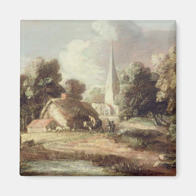 Aimant Paysage avec église, chalet, villageois et une (Devant)