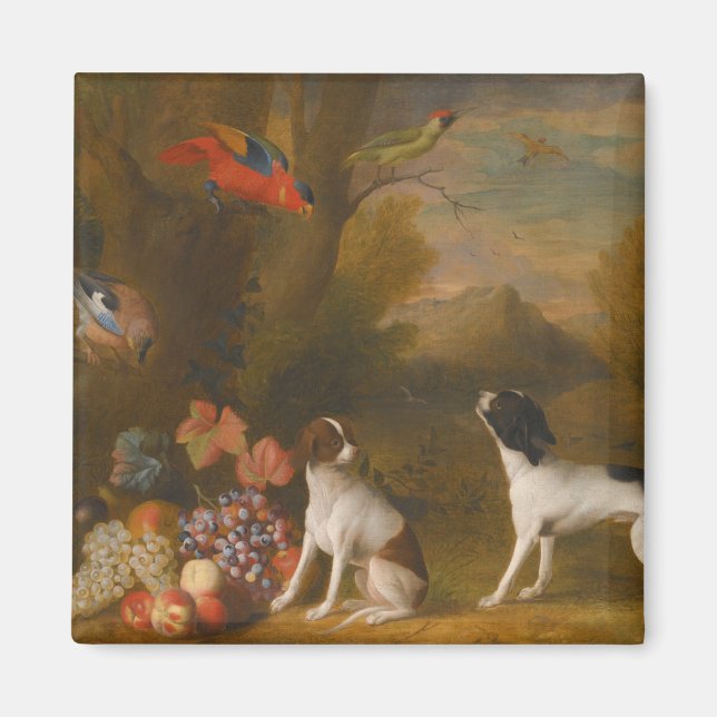 Aimant Paysage avec oiseaux exotiques et deux chiens (Devant)