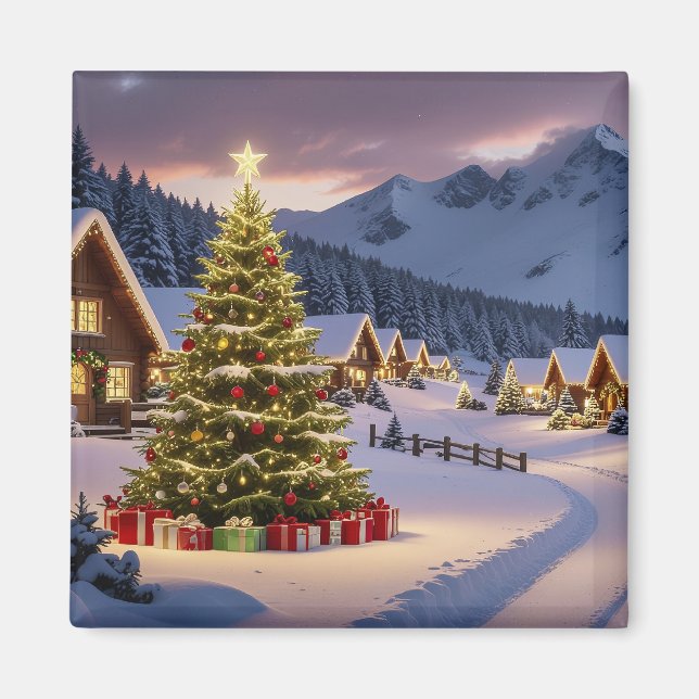 Aimant Paysage de lumières de Noël avec neige (Devant)