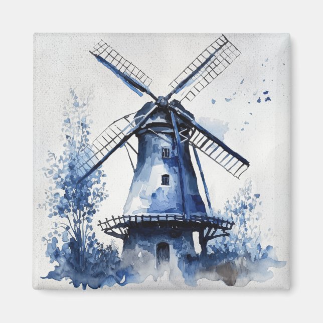 Aimant Paysage de style Delft bleu et blanc avec moulin à (Devant)