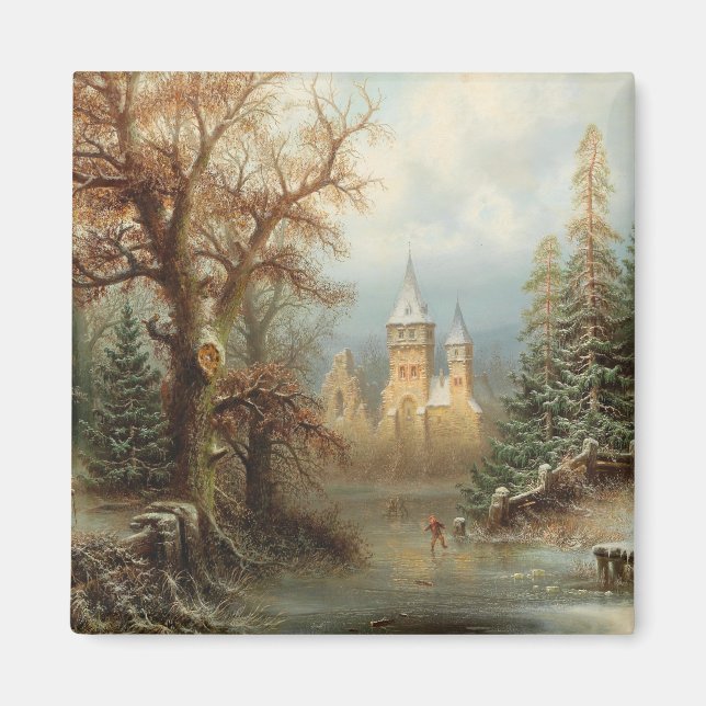 Aimant Paysage d'hiver romantique avec patineurs (Devant)