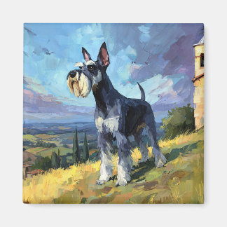 Aimant Paysage ensoleillé de campagne avec un Schnauzer -