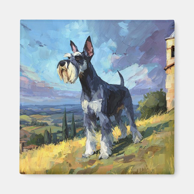 Aimant Paysage ensoleillé de campagne avec un Schnauzer - (Devant)