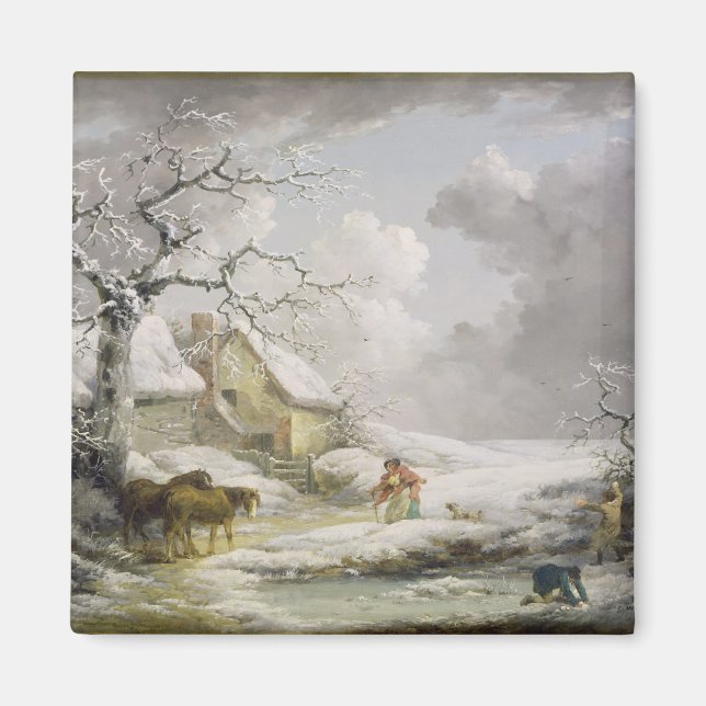 Aimant Paysage hivernal avec des hommes Snowballing une v (Devant)