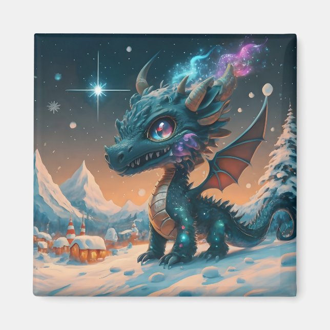 Aimant Paysage hivernal de Chibi Dragon mystique (Devant)