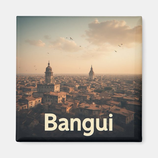 Aimant Paysage urbain de Bangui à l'heure dorée avec tour (Devant)