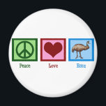 Aimant Peace Love Emu<br><div class="desc">J'aime Emu. Ce sont des oiseaux assez bizarres. Un signe de paix,  un coeur et un oiseau ému.</div>