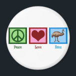 Aimant Peace Love Emu<br><div class="desc">J'aime Emu. Ce sont des oiseaux assez bizarres. Un signe de paix,  un coeur et un oiseau ému.</div>