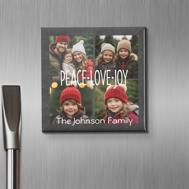 Aimant Peace Love Joy Holiday Chalkboard Photo Collage (Personalized fridge magnet with photos and custom text)