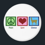 Aimant Peace Love Llamas<br><div class="desc">Un signe de paix,  un coeur,  et une jolie lama.</div>