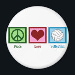 Aimant Peace Love Volley<br><div class="desc">Un signe de paix,  un coeur,  et un joli volley sur un carré bleu. J'adore le volley,  la plage,  l'intérieur,  vous le nommez !</div>