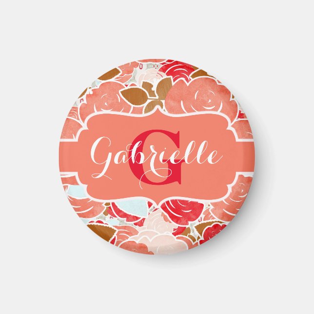 Aimant Peach & Gold Aquarelle Rose Monogramme Floral (Devant)