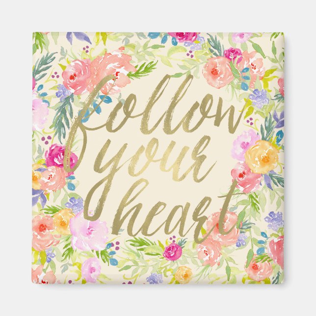 Aimant Peach Pink Watercolor Floral Suivez votre coeur (Devant)