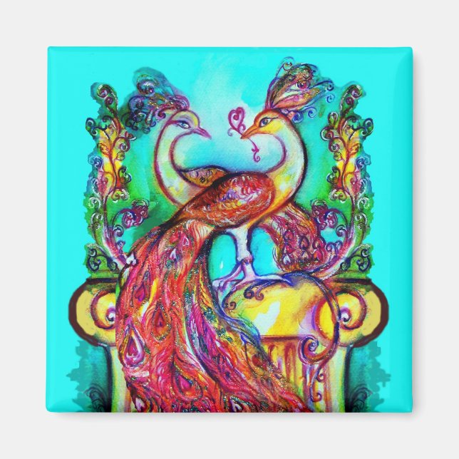 Aimant PEACOCKS IN LOVE MONOGRAM rouge bleu turquase vert (Devant)