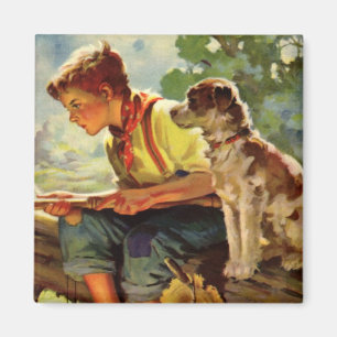 Aimant Pêche vintage, Garçon avec son chiot et vers