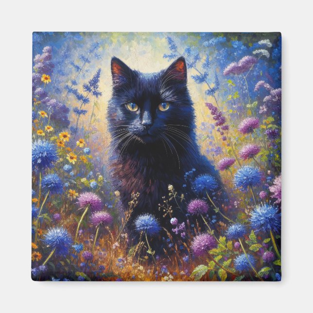Aimant Peinture à l'huile de chat noir et de Fleurs sauva (Devant)