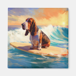 Aimant Peinture de Basset Hound faisant du Surf sur la Pl