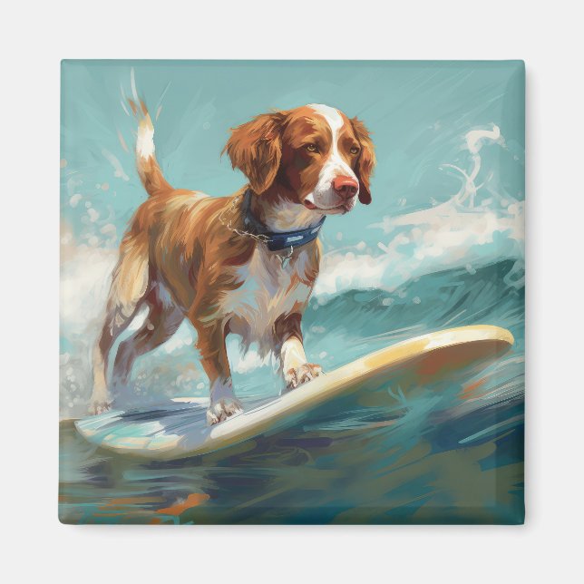 Aimant Peinture de Brittany Spaniel faisant du surf sur l (Devant)