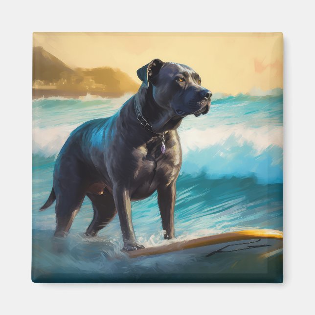 Aimant Peinture de Cane Corso faisant du surf sur la plag (Devant)