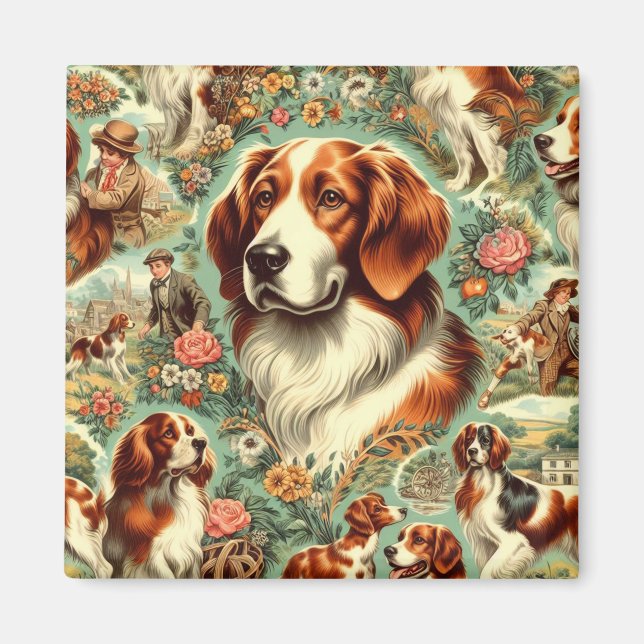 Aimant Peinture de chien breton vintage (Devant)