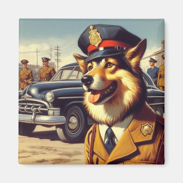 Aimant Peinture de chien de police rétro (Devant)