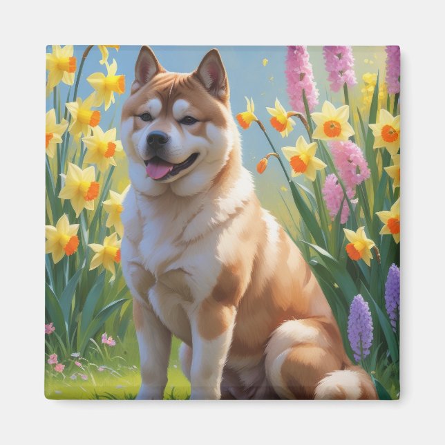 Aimant Peinture de fleurs de printemps de chien Akita (Devant)