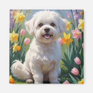 Aimant Peinture de fleurs de printemps de chien Bichon Fr