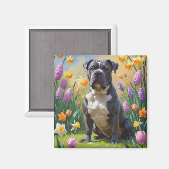 Aimant Peinture de fleurs de printemps de chien Cane Cors (Recto/Verso)