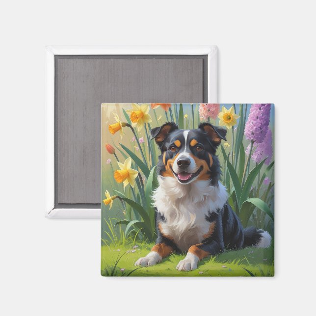 Aimant Peinture de fleurs de printemps de chien kelpie au (Recto/Verso)