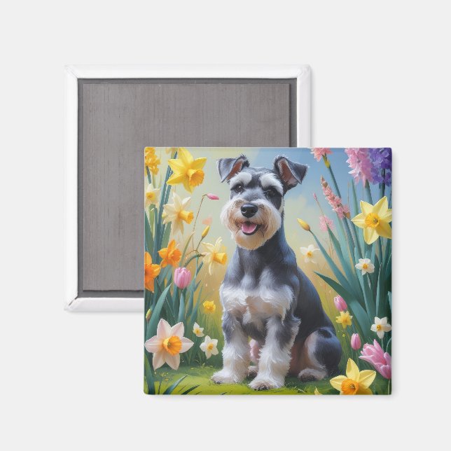 Aimant Peinture de fleurs de printemps de chien Schnauzer (Recto/Verso)