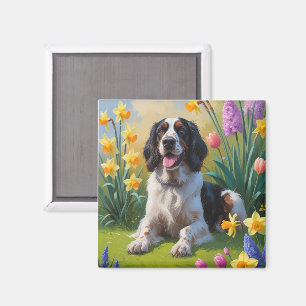 Aimant Peinture de fleurs de printemps de chien Setter An