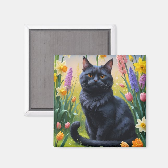 Aimant Peinture de fleurs printanières au chat noir (Recto/Verso)