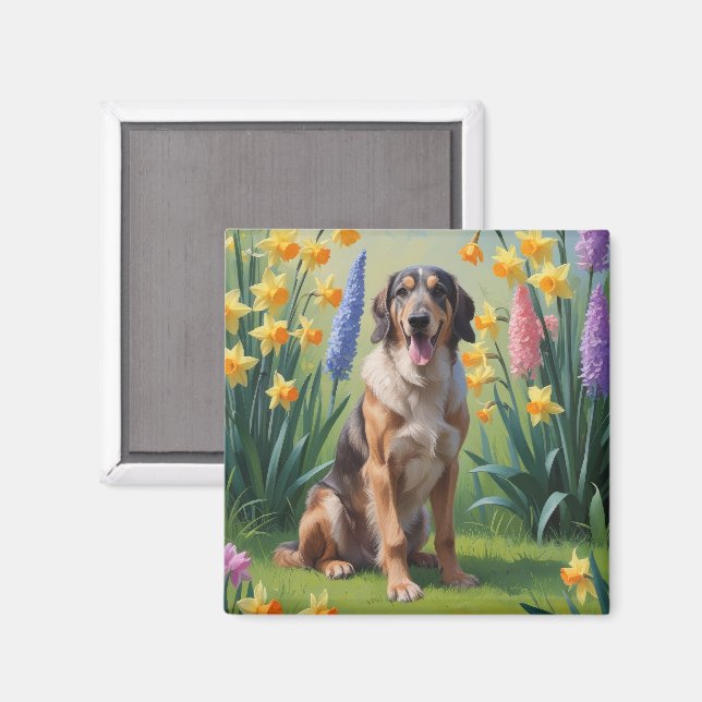 Aimant Peinture de fleurs printanières avec chien lévrier (Recto/Verso)