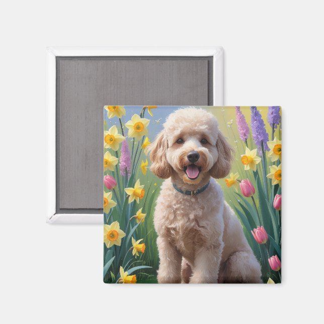 Aimant Peinture de fleurs printanières avec un chien cani (Recto/Verso)